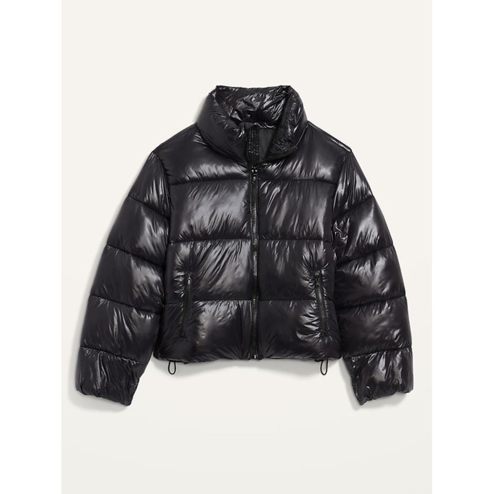 Old Navy Womens XL Shiny Black Puffer Jacket Quilted Zip Up Stand Collar Coat